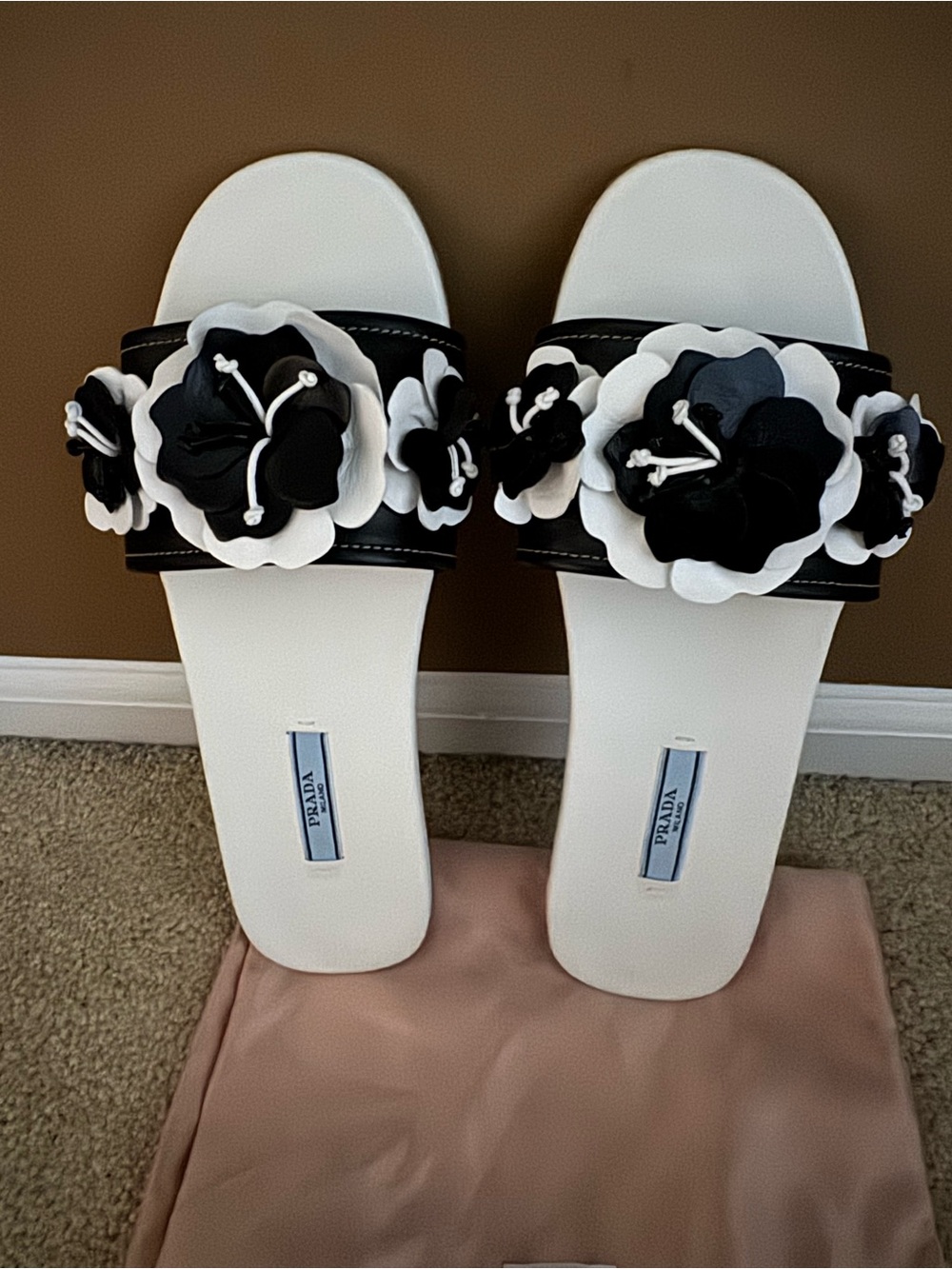 Prada White and Black Floral Appliqué Slide Sandals